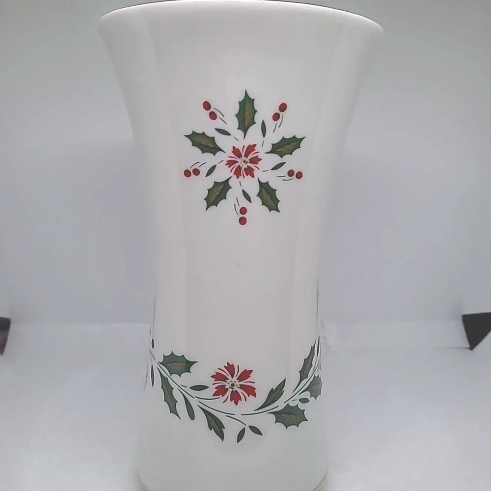 Vintage Poinsettia Porcelain Vase White Red Green Gold Trim Holiday Decor